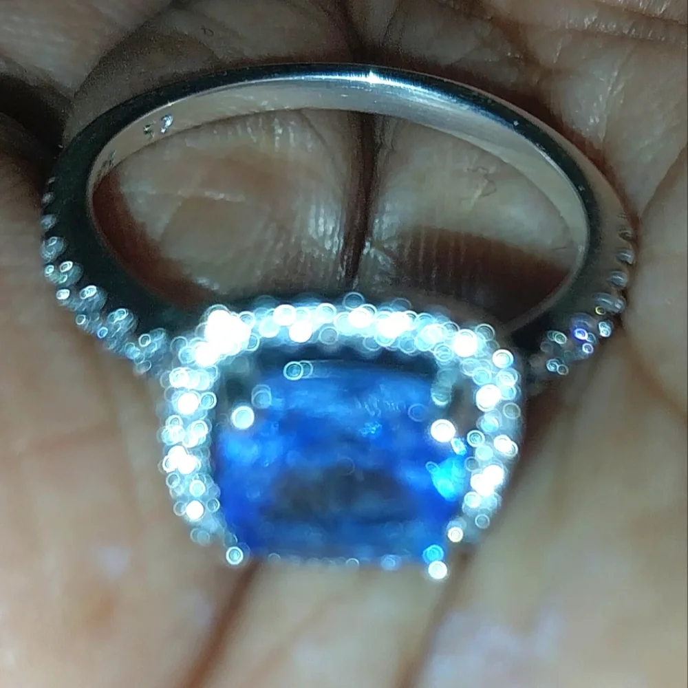 Blue Sapphire 925 Silver Halo Ring with Diamond Accents Sz 6
